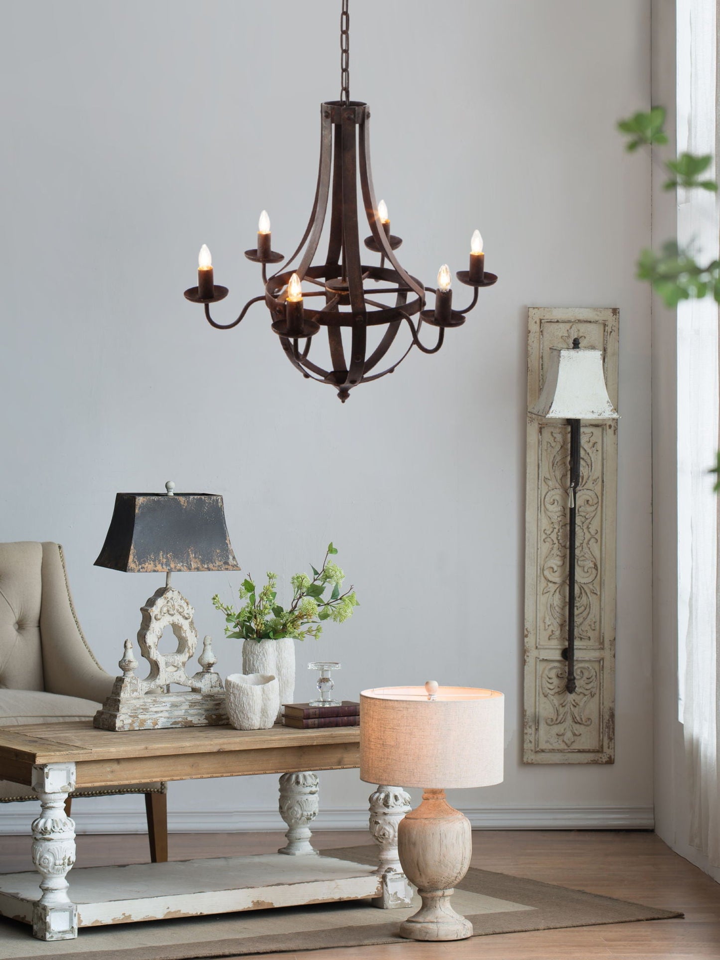 6 Light Metal Chandelier, Hanging Light Fixture With Adjustable Chain For Kitchen, Bulb Not Included - Black