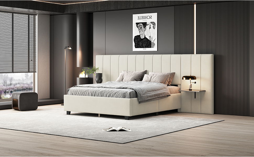 Upholstered Platform Bed With Big Headboard