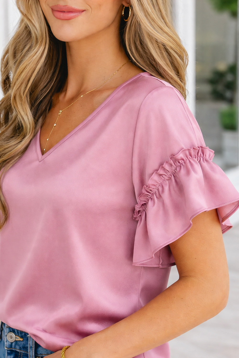 Ruth Satin Ruffle Sleeve Top