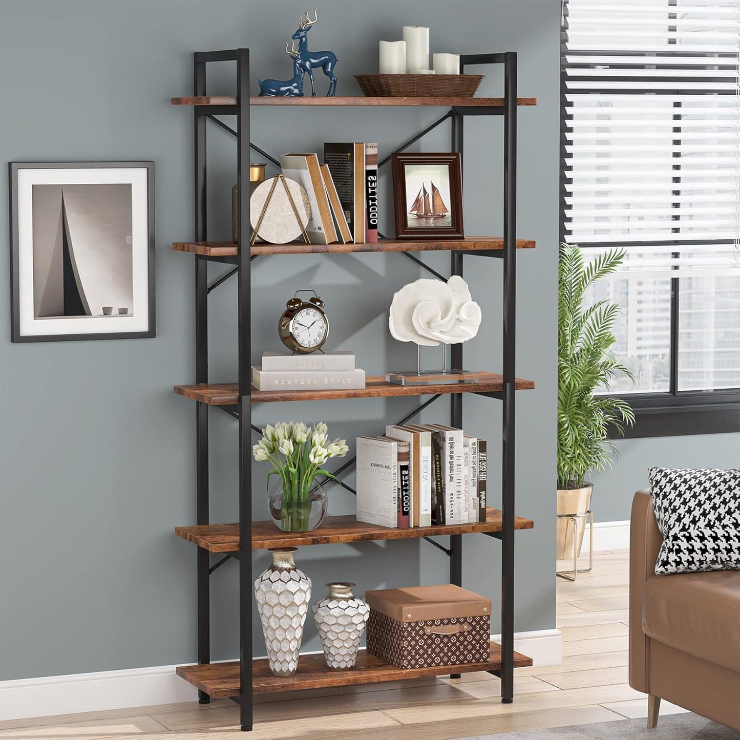 5 Tier Bookshelf Unit With Accents For Living Room - Black / Brown