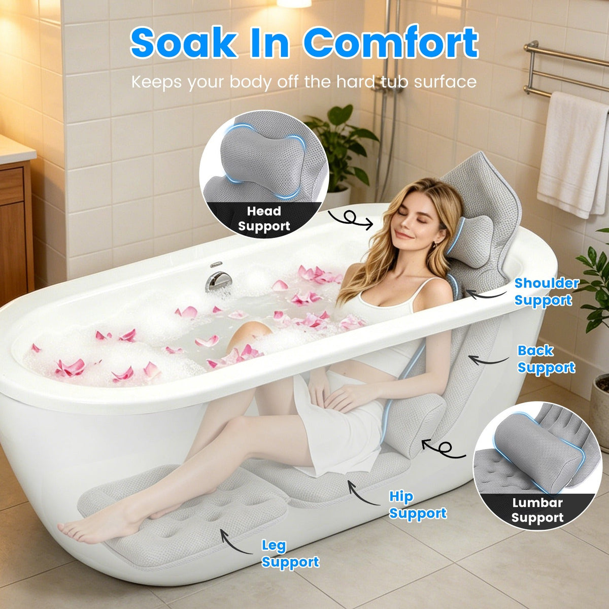 Full Body Bath Pillow with Lumbar Support & Suction Cups