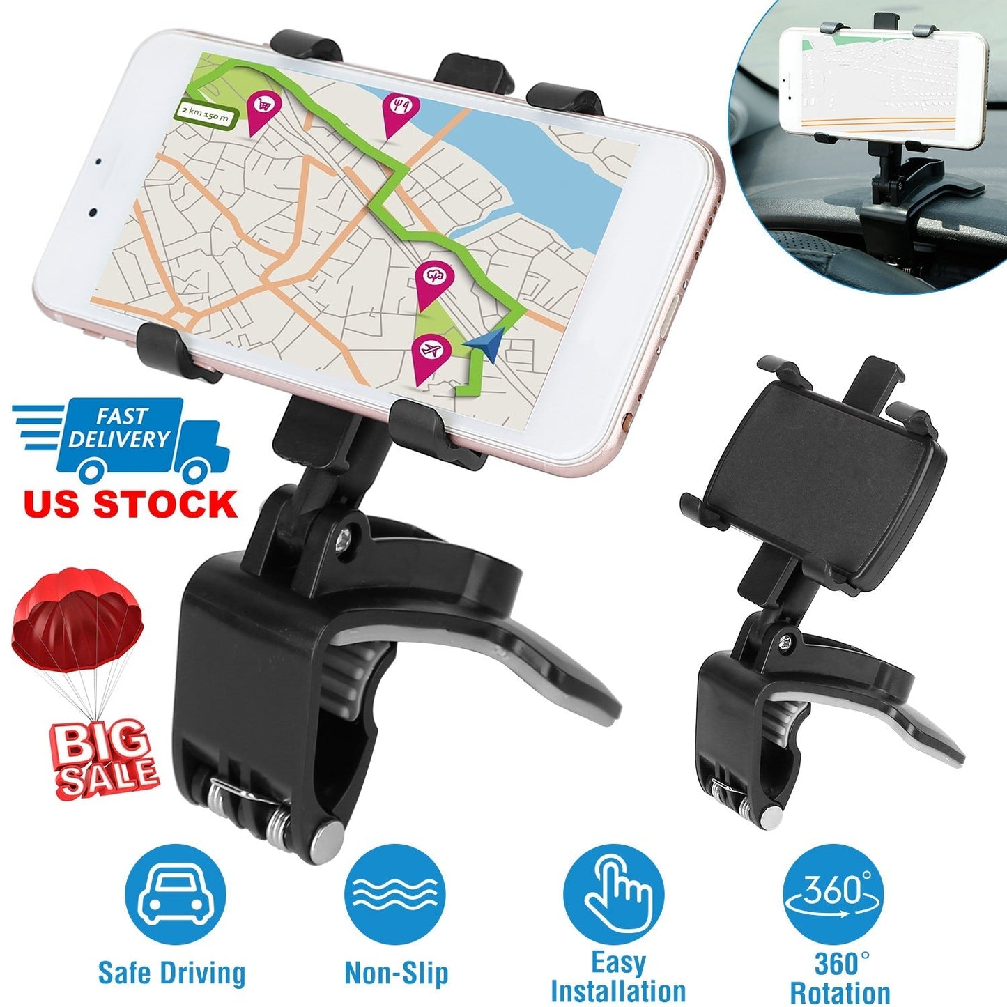 Car Dashboard Phone Bracket Stand Car Phone Holder Non-slip 360¡Rotation Dashboard Phone Clamp Suitable For 3-7in Cell Phone