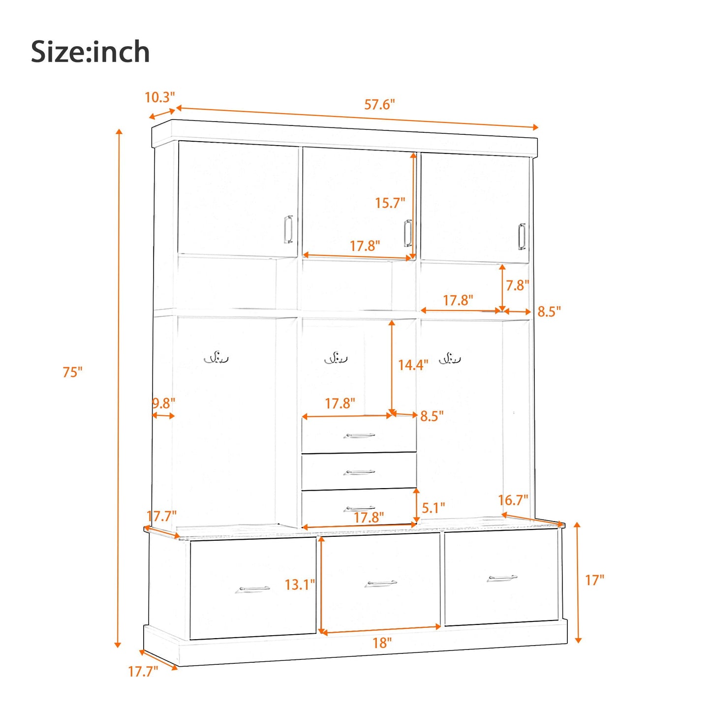 Entryway Hall Tree With Bench And Storage, 5 In 1 Coat Rack