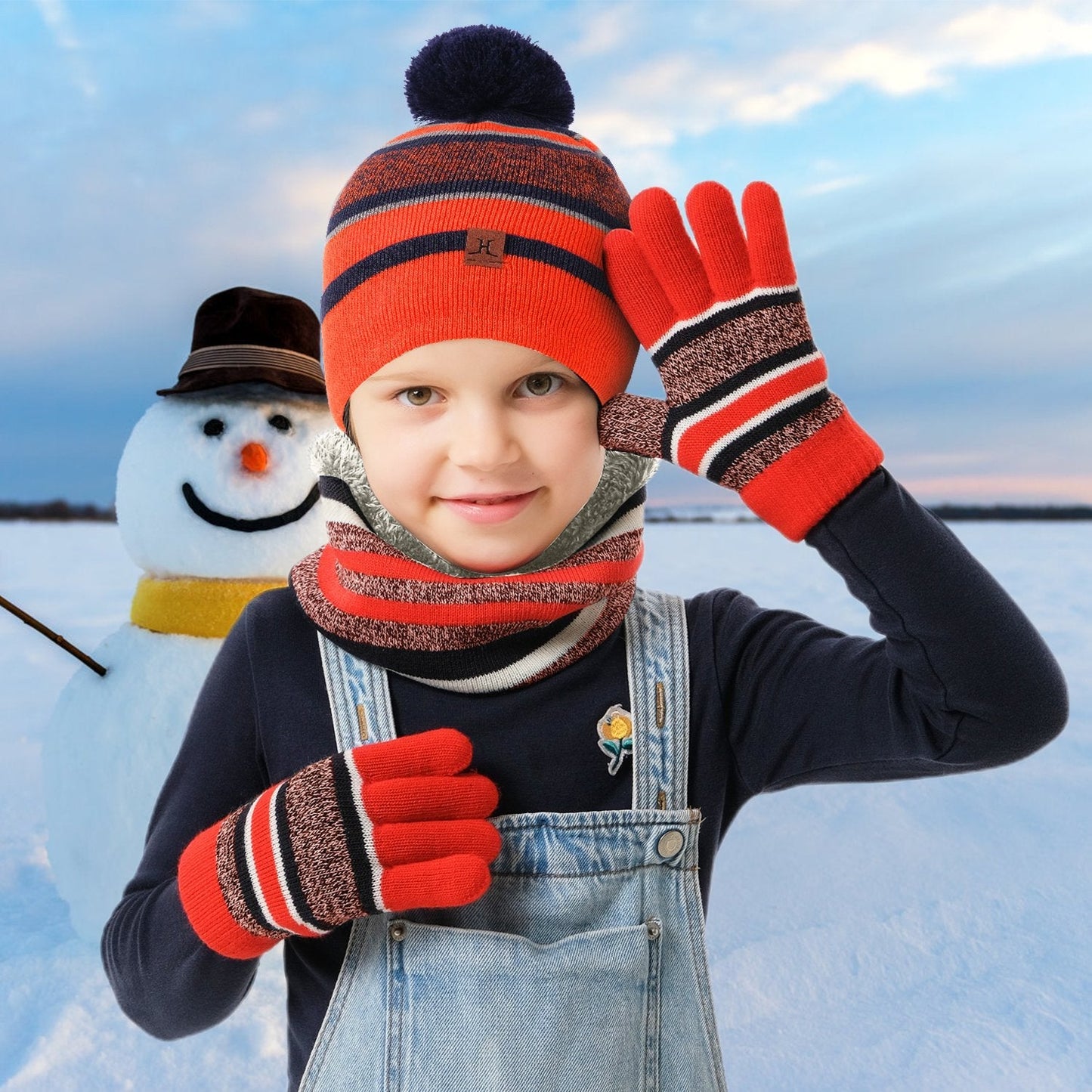Winter Kids Knitted Hat Scarf Gloves 3Pcs Boys Girls Winter Warm Beanie Hat and Glove Scarf Set Beanie Neck Warmer Mittens for 4-7-Year-Old Kids