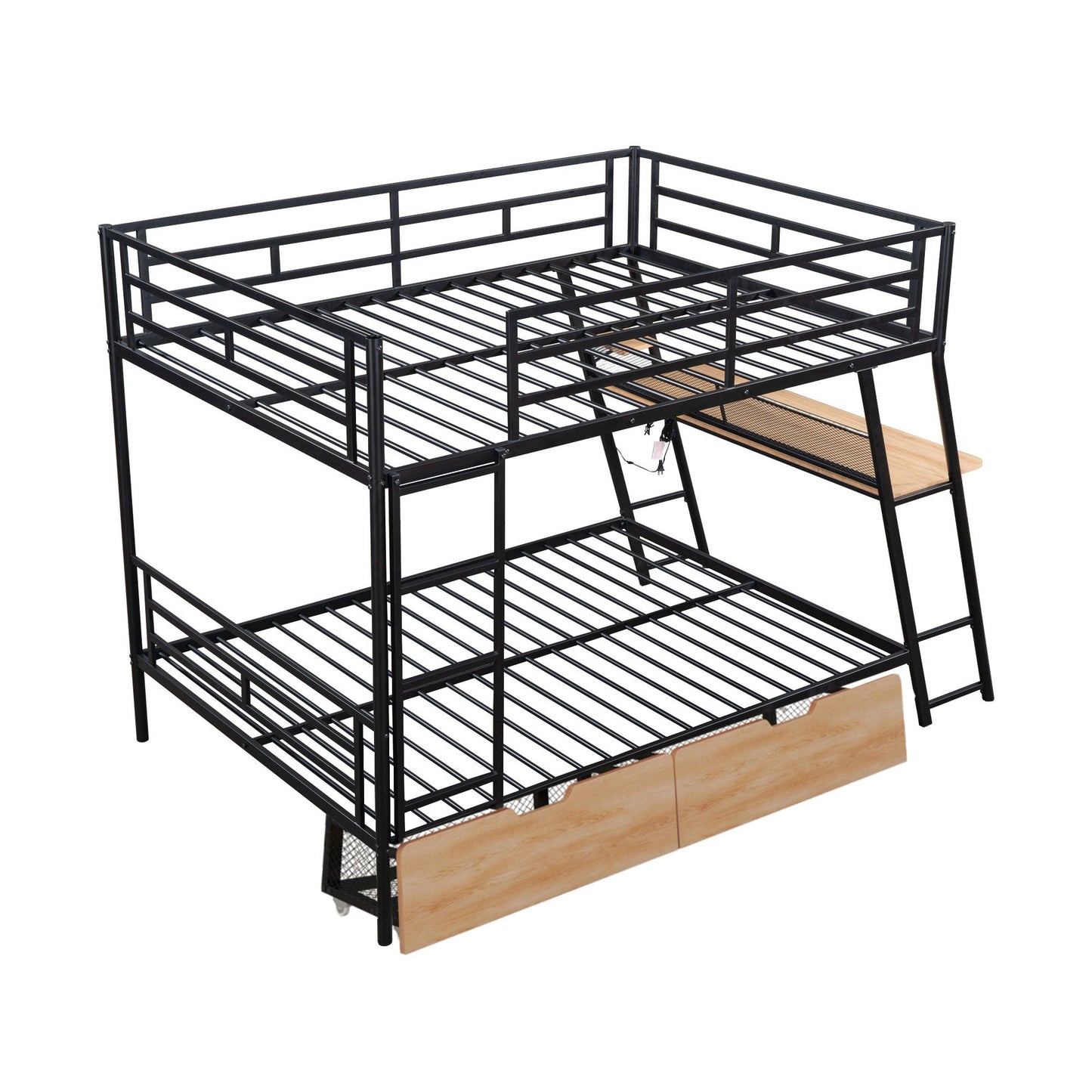 Full Size Bunk Bed With Built In Desk, Light, And 2 Drawers - Black