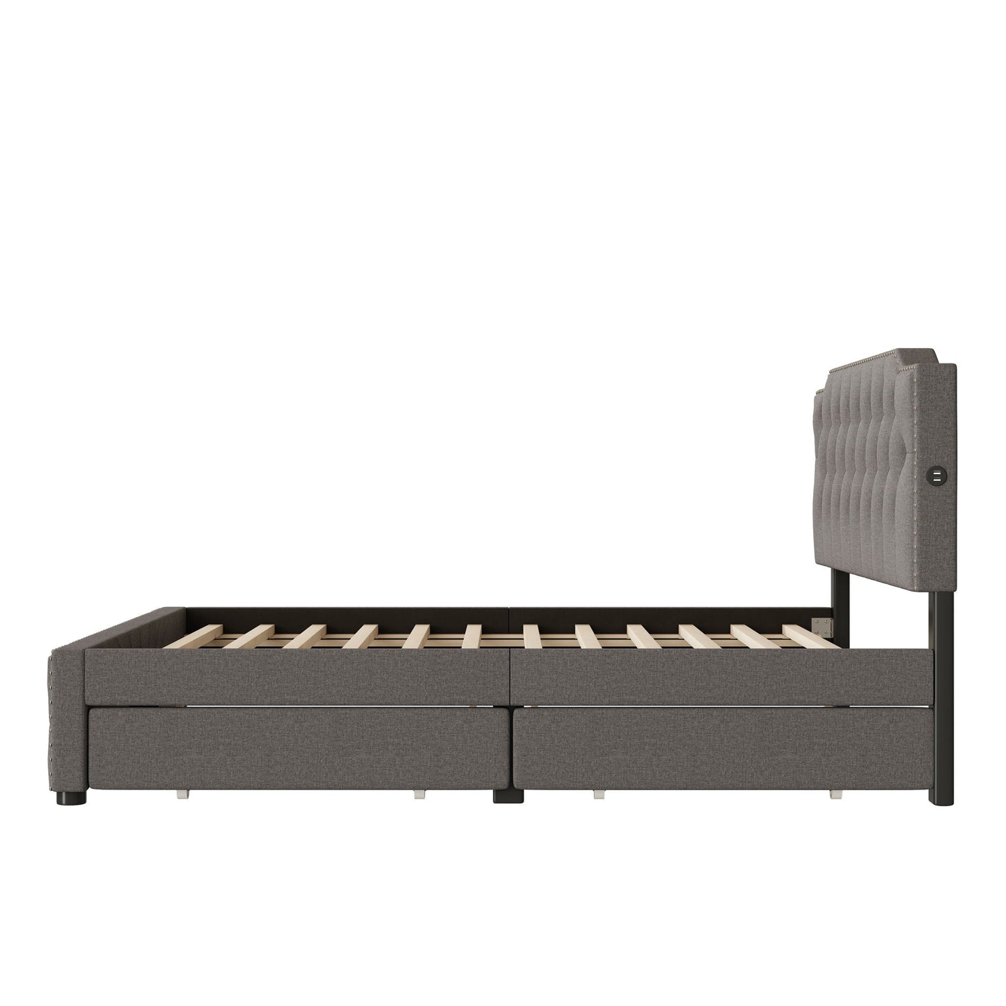 Upholstered Platform Bed With 2 Drawers And 2 Sets Of USB Ports On Each Side, Fabric