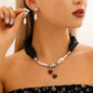 Black Ribbon Necklace Irregular Baroque Pearl Tassel Heart Pendant Choker Set