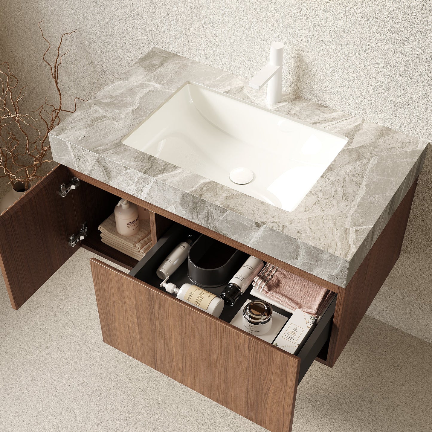 MURI 36" Bathroom Vanity & Sink, Floating Plywood Storage Cabinet with Drawer & Door
