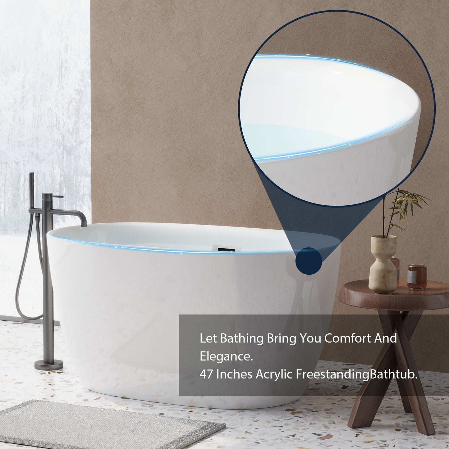 Freestanding Oval Bathtub With Overflow And Pop Up Drain, Double Walled Design - Gloss White