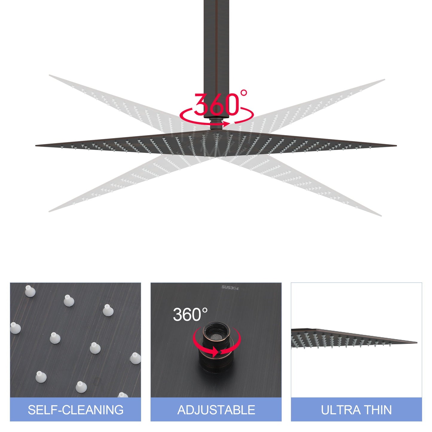 16" Square Rainfall Shower Head Fixed Wall Mount With Full Body Coverage & Self Cleaning Silicone Nozzles