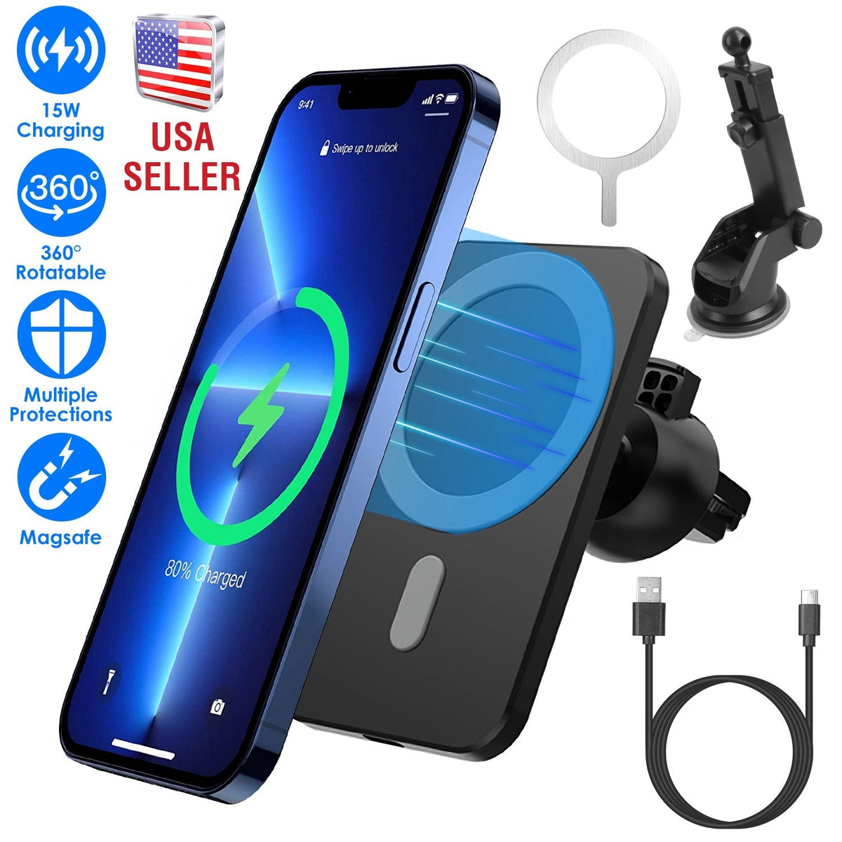 Magnetic Wireless Car Charger MagSafe Car Phone Mount Air Vent Holder 15W Wireless Charger Fit for IOS Phone 12/13/14 Series and QI-Enabled Phones wit
