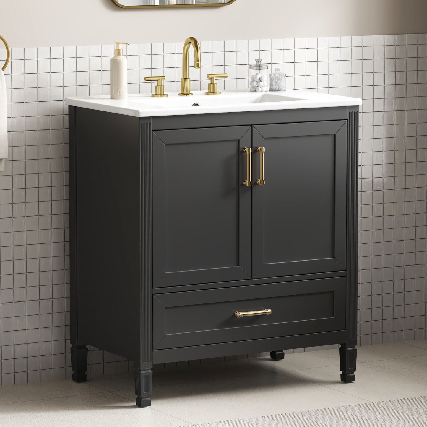 Elegant Fluted Bathroom Vanity With Sink, Soft Close Doors & Drawer