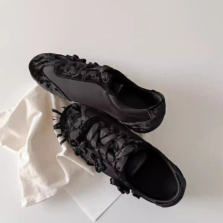French Velvet Sweet Casual Shoes, Lace Round Toe Flats Sneakers