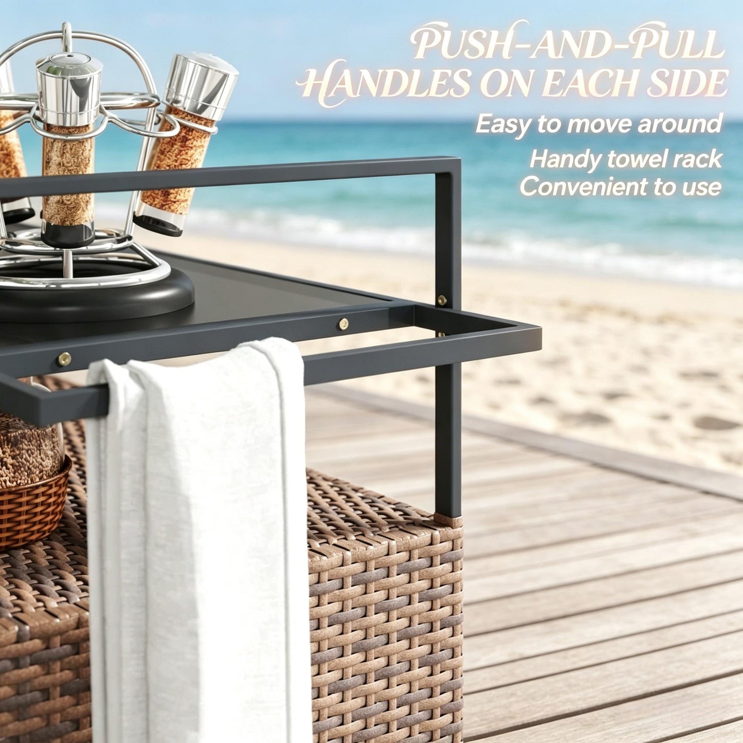 Rattan Storage Cart, Portable Outdoor Serving Cart, Garden Storage Organizer