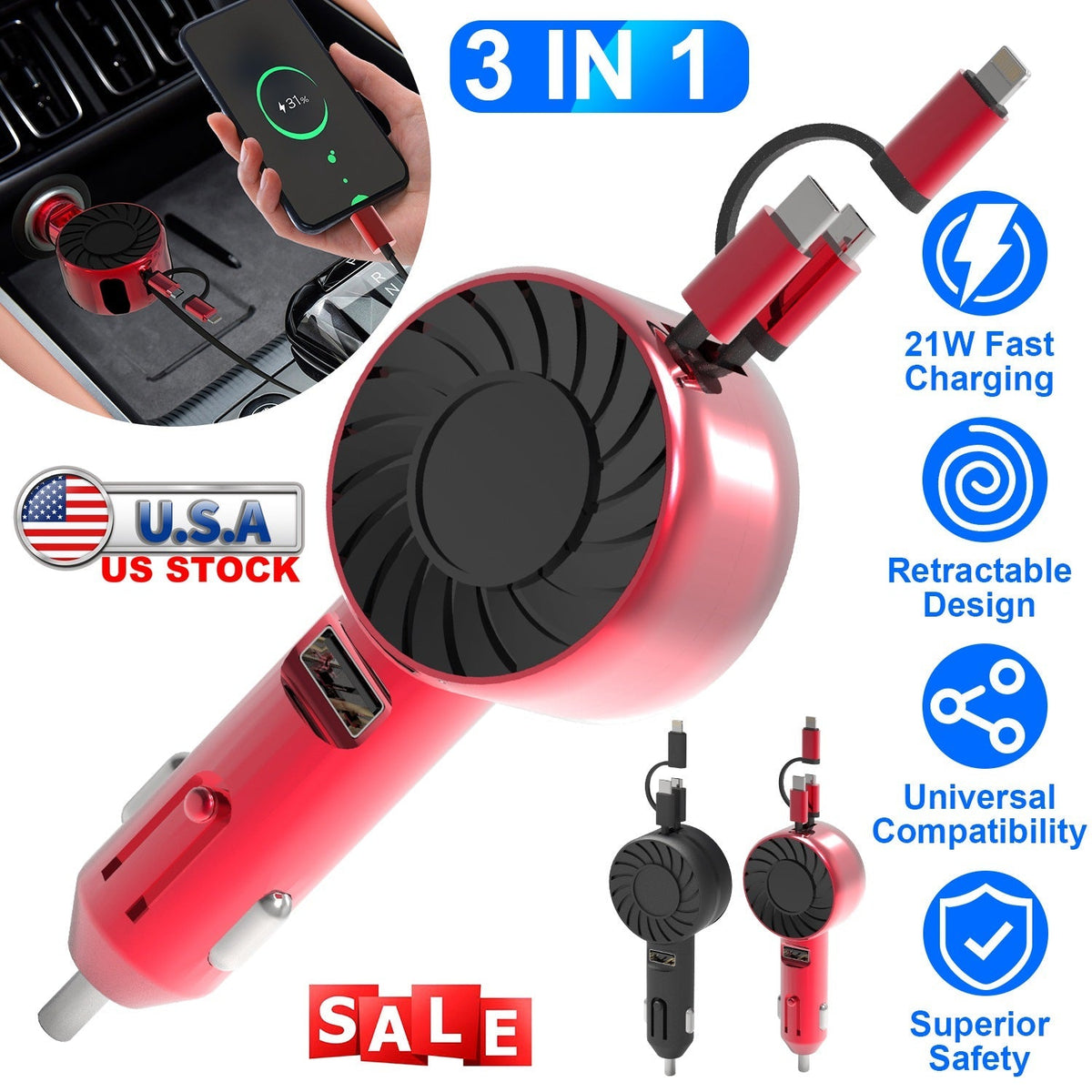 21W 3 In 1 Retractable Car Charger Fast Car Charger Mini Car Phone Charger with USB Port Type-C Cable LT & Micro Cable Fit For IOS Phone 15/14/13 And