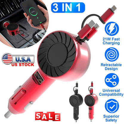 21W 3 In 1 Retractable Car Charger Fast Car Charger Mini Car Phone Charger with USB Port Type-C Cable LT & Micro Cable Fit For IOS Phone 15/14/13 And