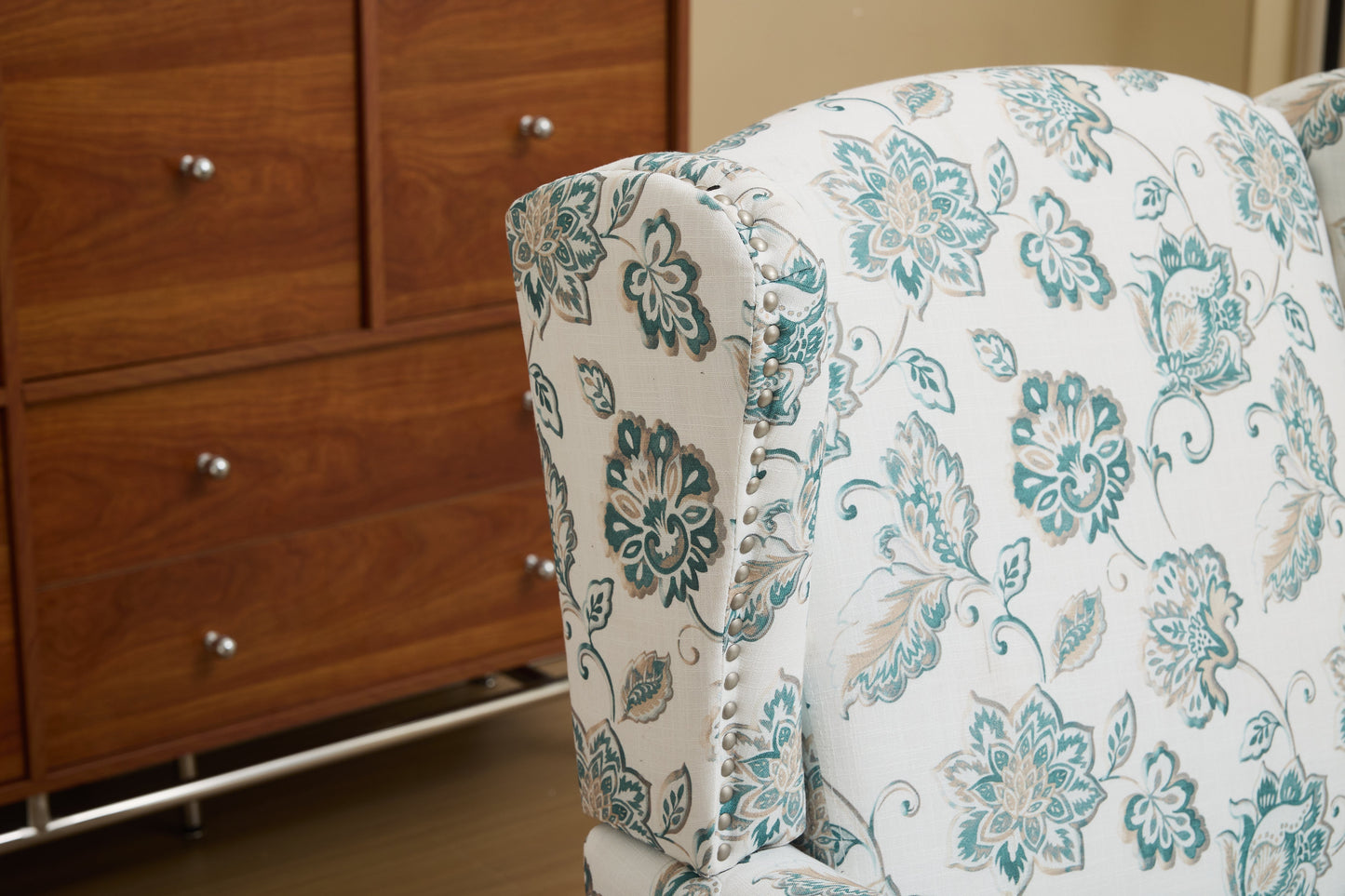 Modern Accent Chair with Retro Wood Legs and Floral Design