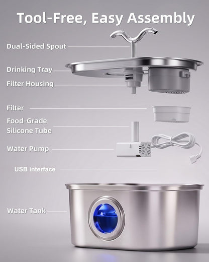 Stainless Steel Cat Water Fountain, 108oz-3.2L Pet Water Fountain For Cats Indoor, With Dual Spouts For Multiple Cats, Ultra-Quiet Automatic Dog Water Dispenser