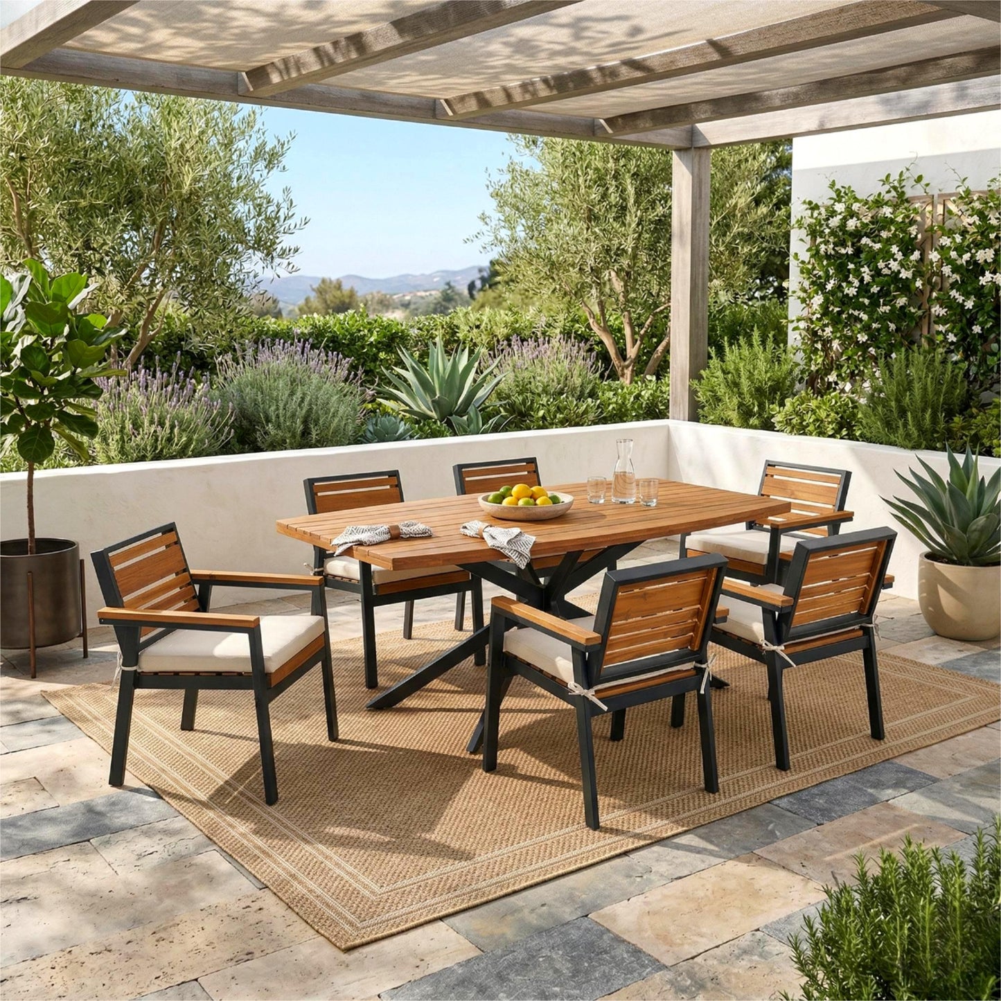 Modern 7-Piece Dining Set with Acacia Wood and Iron Frame
