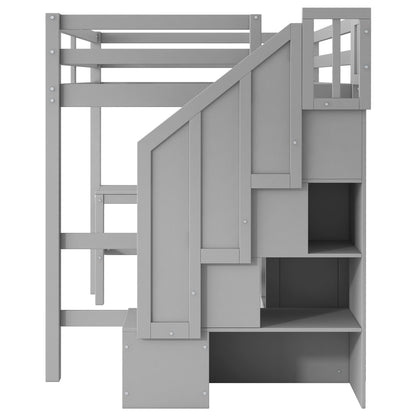 Loft Bed & L Shaped Desk, Drawers, Cabinet, And Storage Staircase