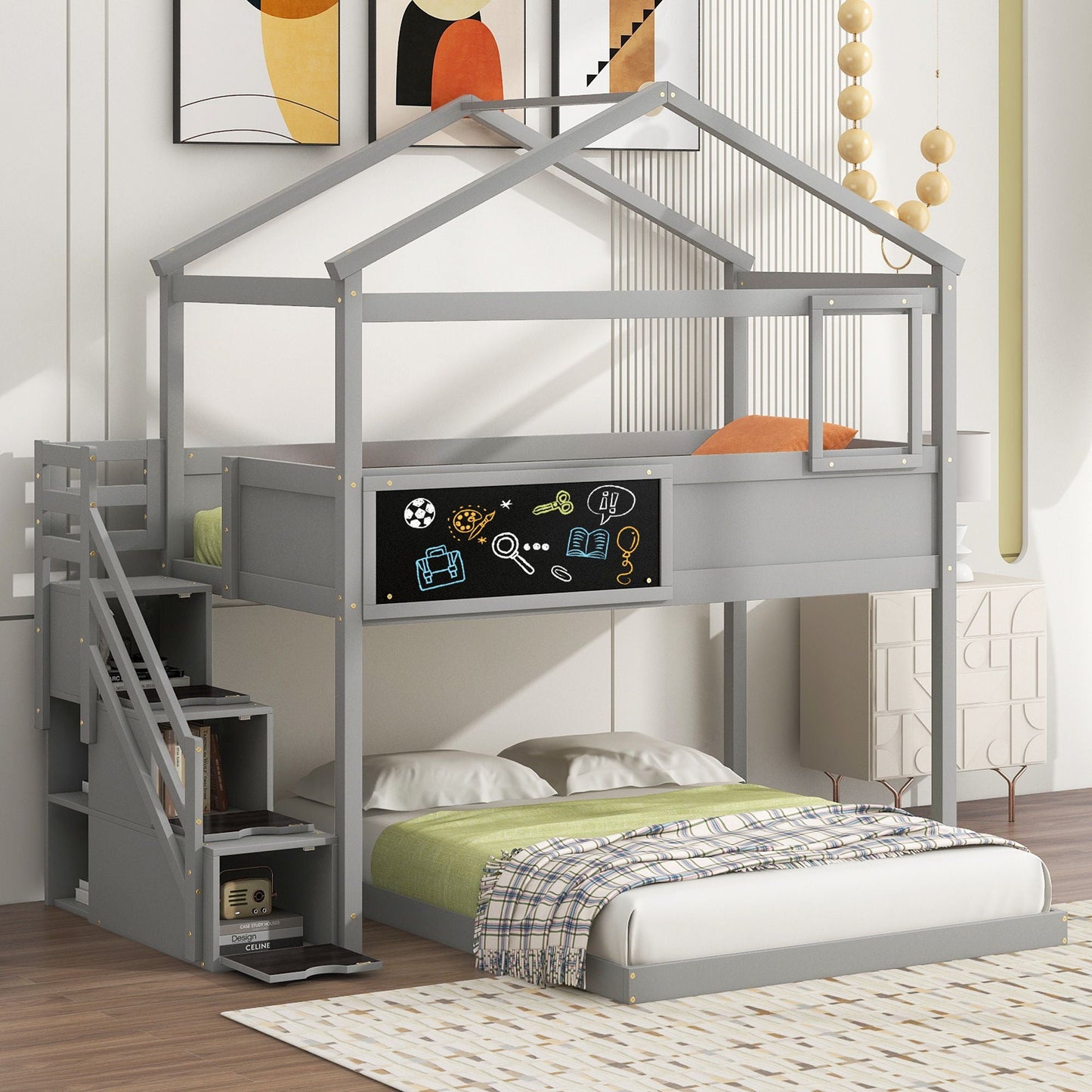 House Style Bunk Bed With Storage Staircase And board