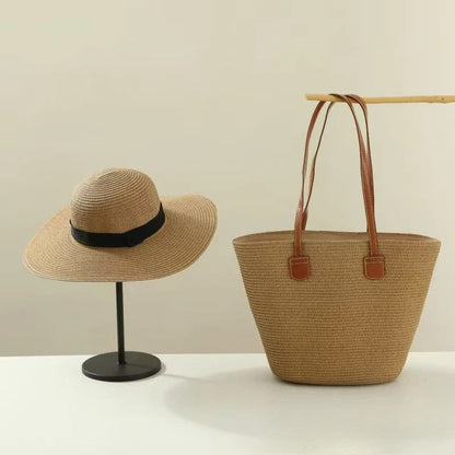 Straw Hat & Tote Set – Beach Vacation Sun Protection Duo, Large Capacity Travel Tote