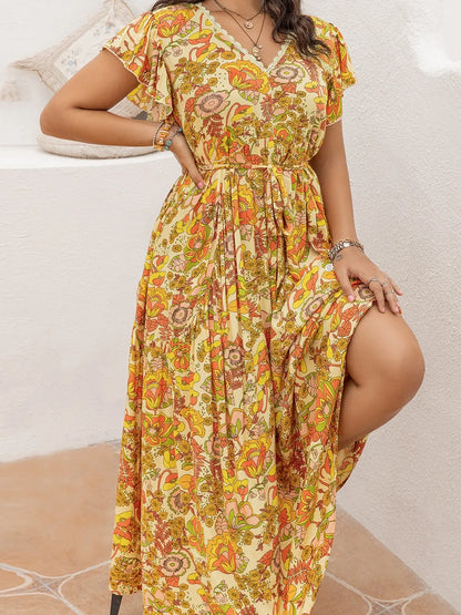 Printed V-Neck Flutter Sleeve Tie Waist Maxi Dress