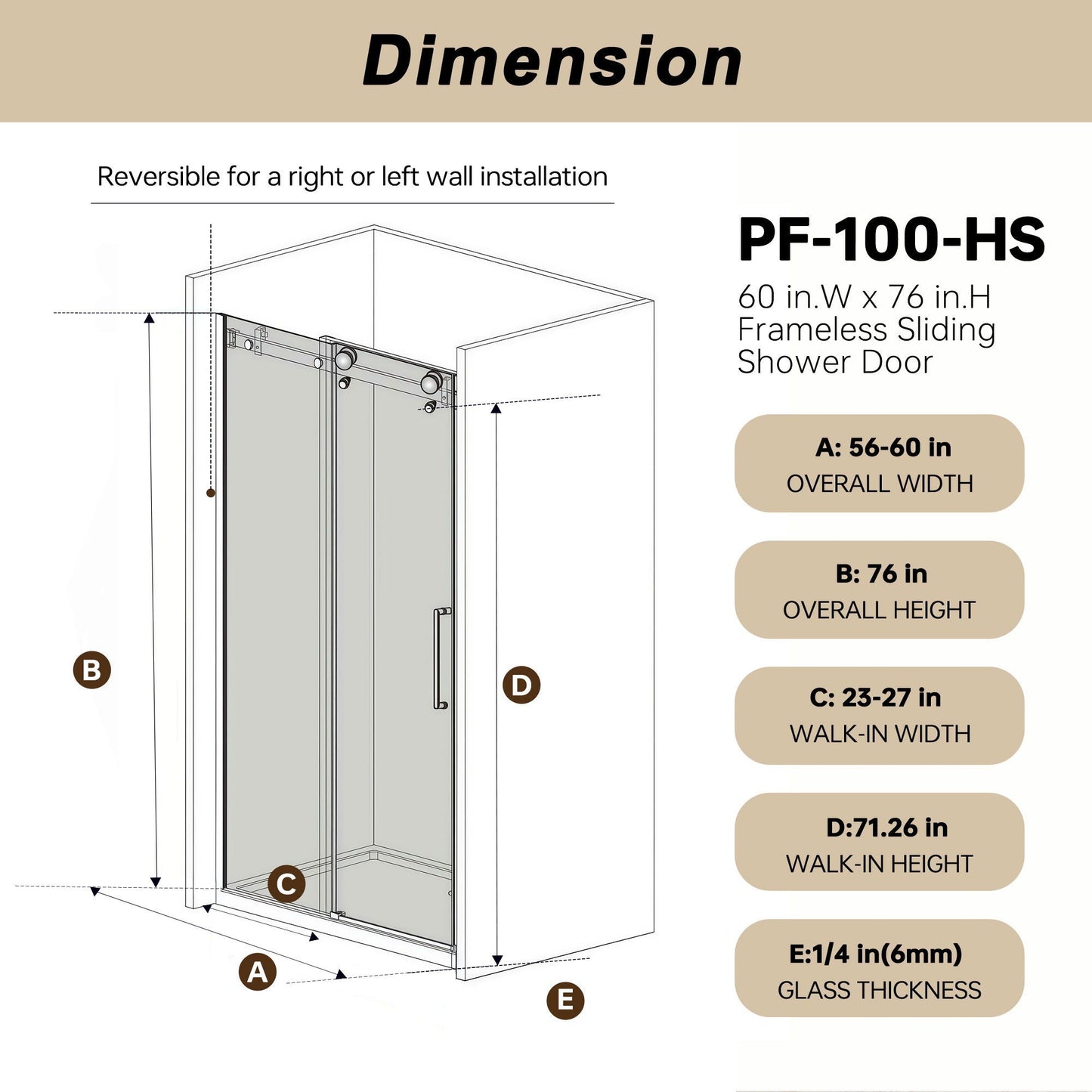Frameless Single Sliding Shower Door, Square Tube Track