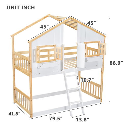 House Bunk Bed With Roof, Window, Window Box, Door, With Safety Guardrails And Ladder