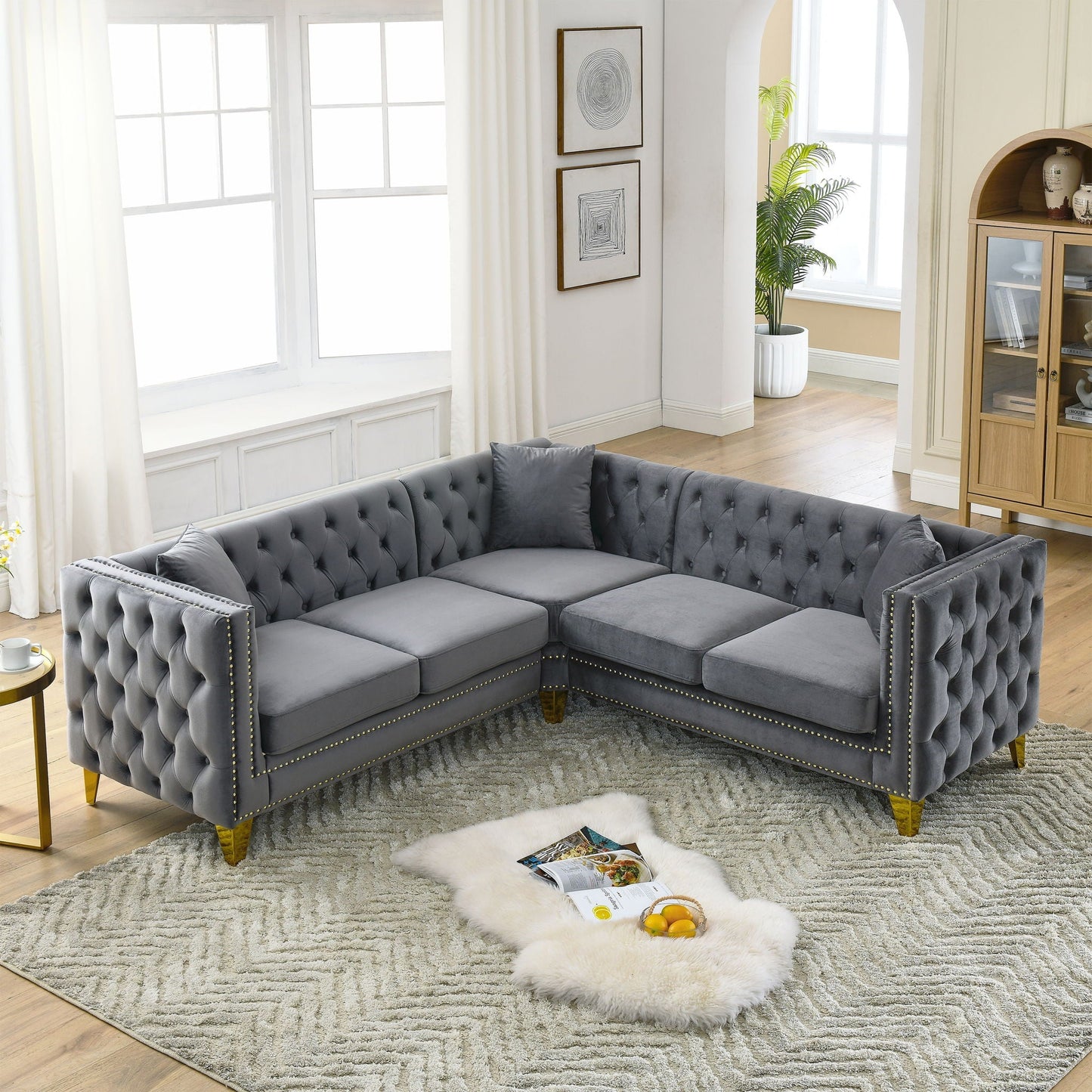 L-Shaped Corner Sofa, 5 Seater Sectional With Tufted Design