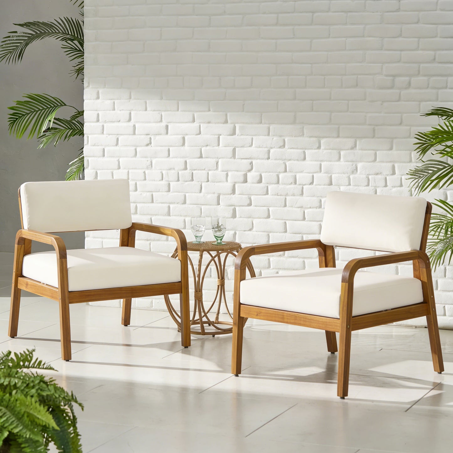 Outdoor Acacia Wood Armchair Set with Weather-Resistant Cushions