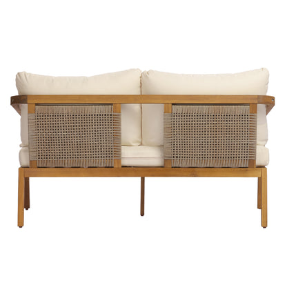 2-Piece Outdoor Loveseat & Coffee Table Set Acacia Wood Frame with PE Wicker Back & Water-Resistant Cushions