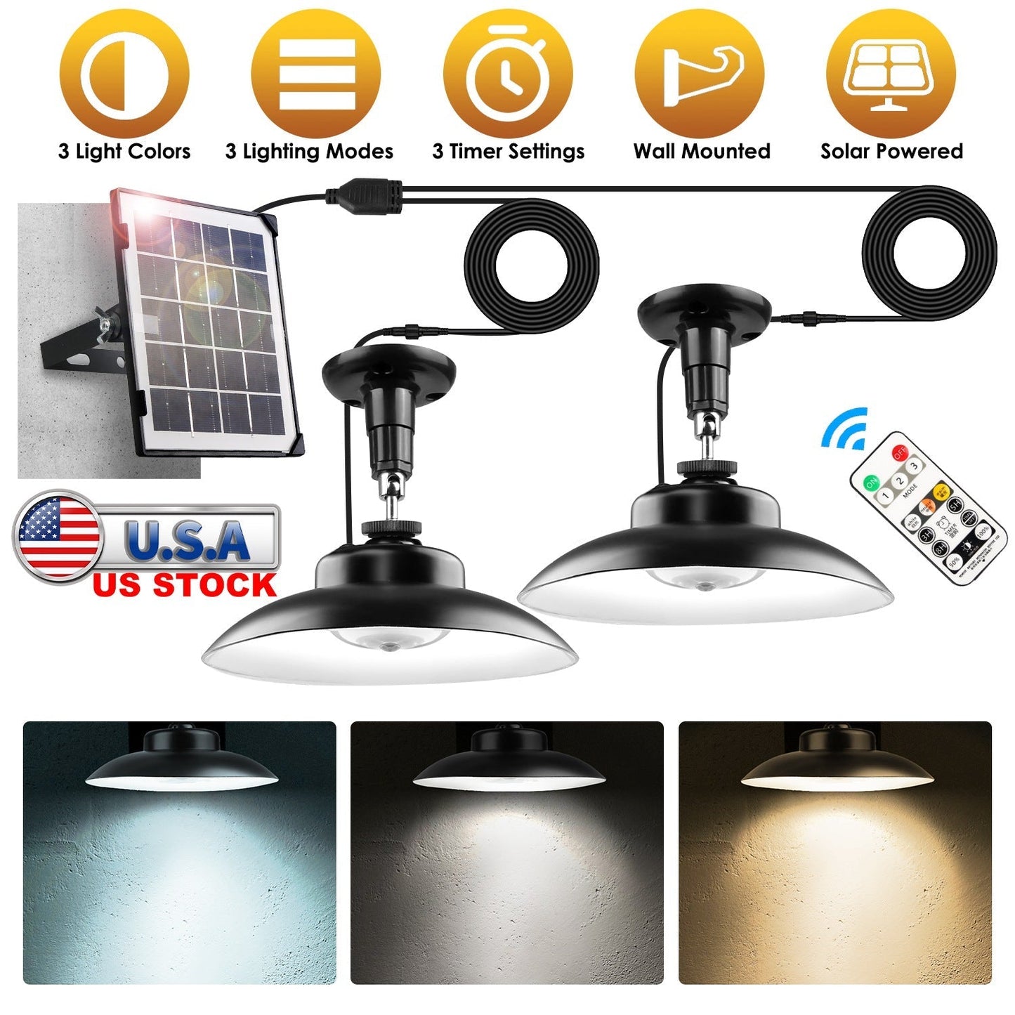 2Pack Solar Shed Lights with Separate Panel Wall Mounted Solar Pendant Light Indoor Outdoor with Remote Timer 3 Modes 3 Light Colors IP 55 Waterproof