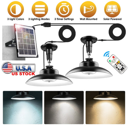 2Pack Solar Shed Lights with Separate Panel Wall Mounted Solar Pendant Light Indoor Outdoor with Remote Timer 3 Modes 3 Light Colors IP 55 Waterproof