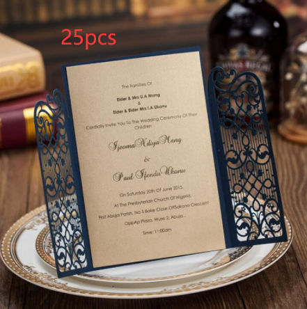 Personalized Navy Blue Laser Cut Wedding Invitation | Custom Tri-Fold Elegant Floral Gate Design Cards for Weddings, Quinceañeras & Special Events