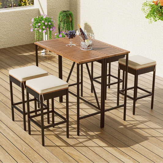 Outdoor Acacia Wood Bar Height Table and Eight Stools with Cushions