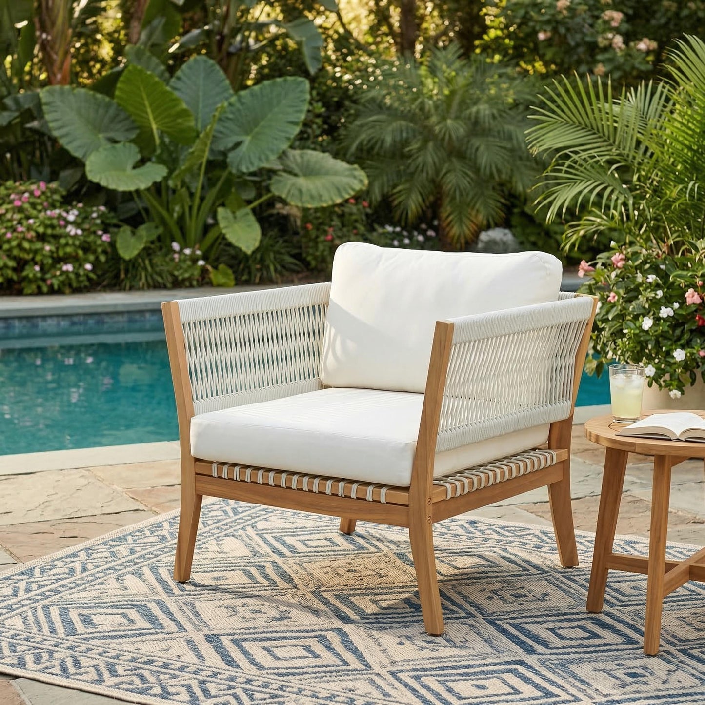 30.3" Outdoor Acacia Wood Patio Chair with Woven Rope Accents