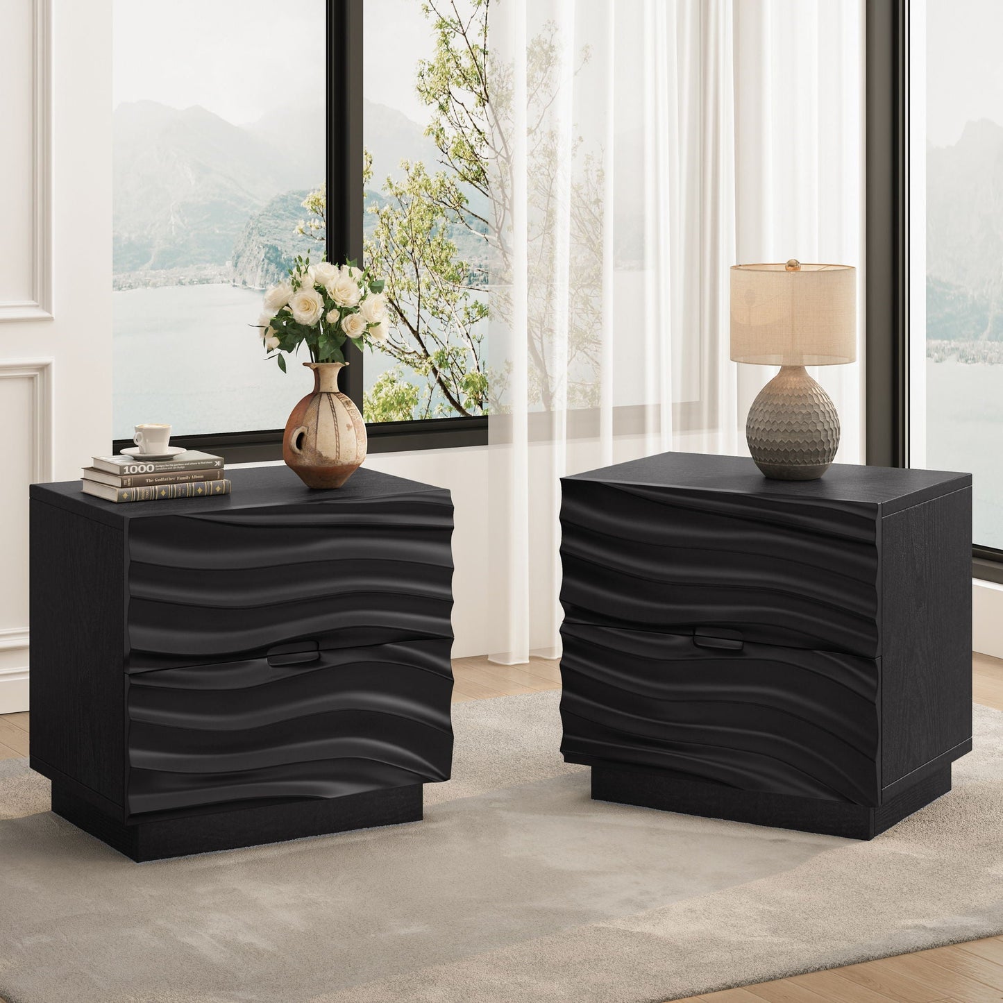 Nightstands, Bedside Table With 2 Drawers (Set of 2) - Black