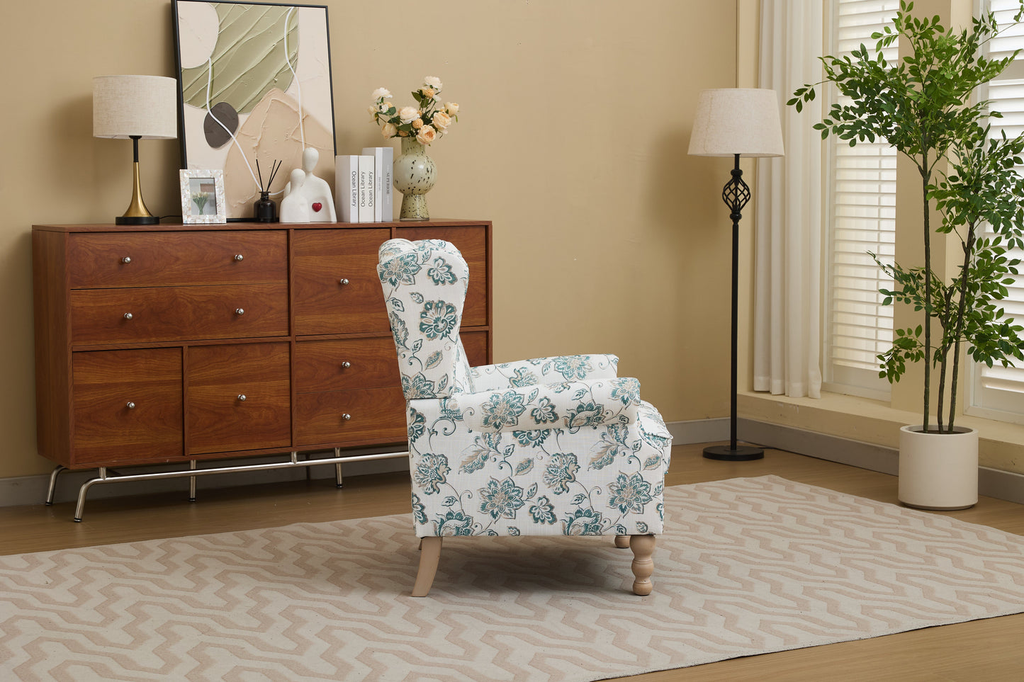 Modern Accent Chair with Retro Wood Legs and Floral Design