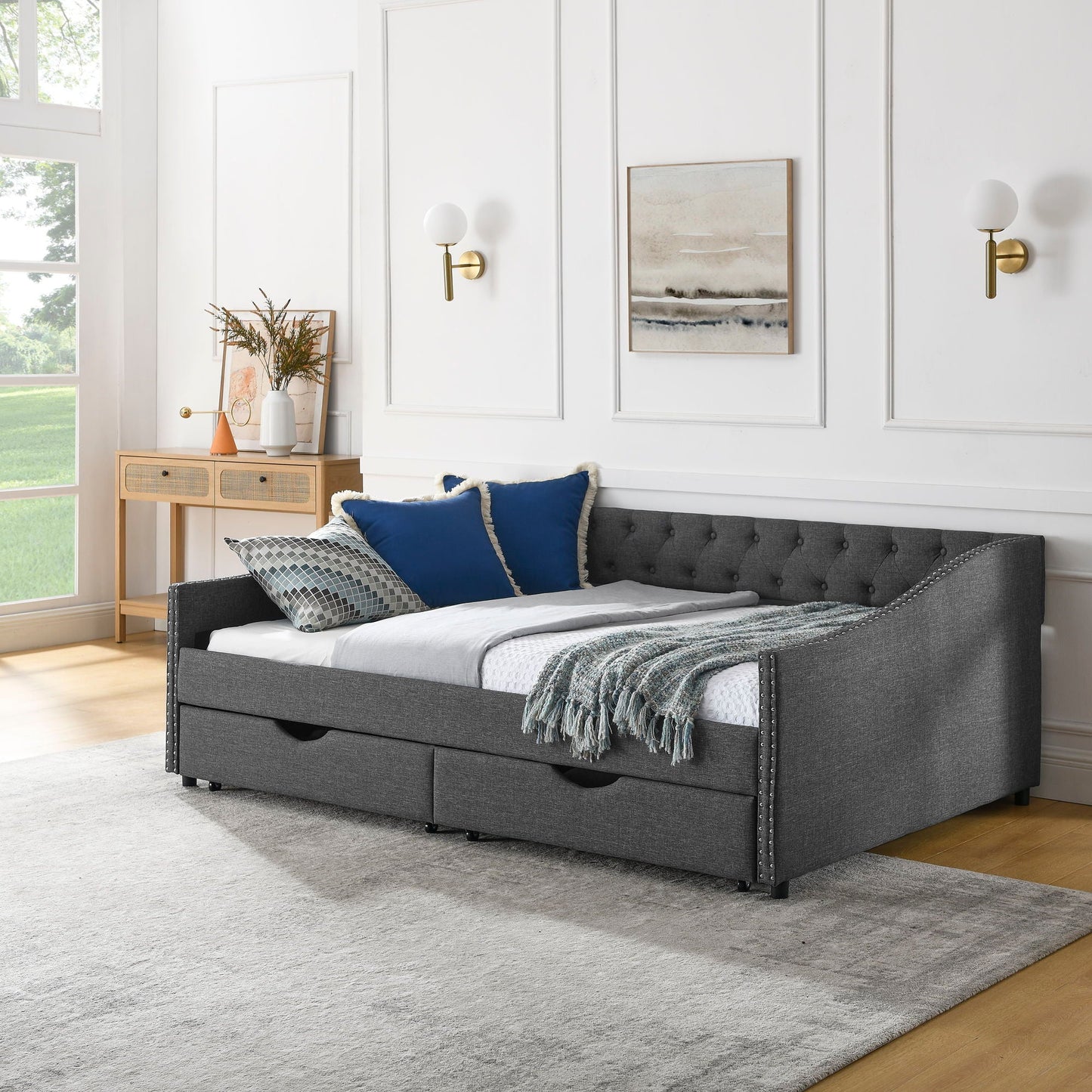 Upholstered Tufted Daybed With 2 Drawers, Waved Arms