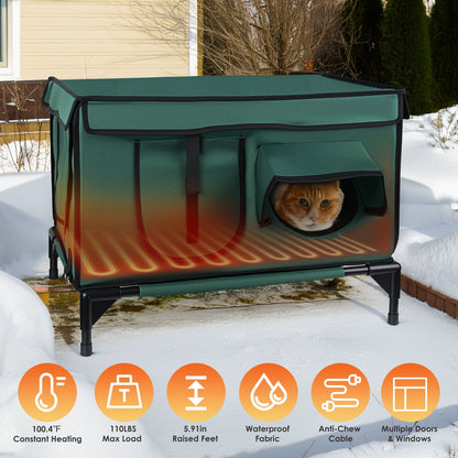 Waterproof Heated Cat House Outdoor Weatherproof Insulated Kitty Shelter Feral Cat Heating Bed with Heating Pad Anti-Chew Cord 2 Doors 3 Windows for I