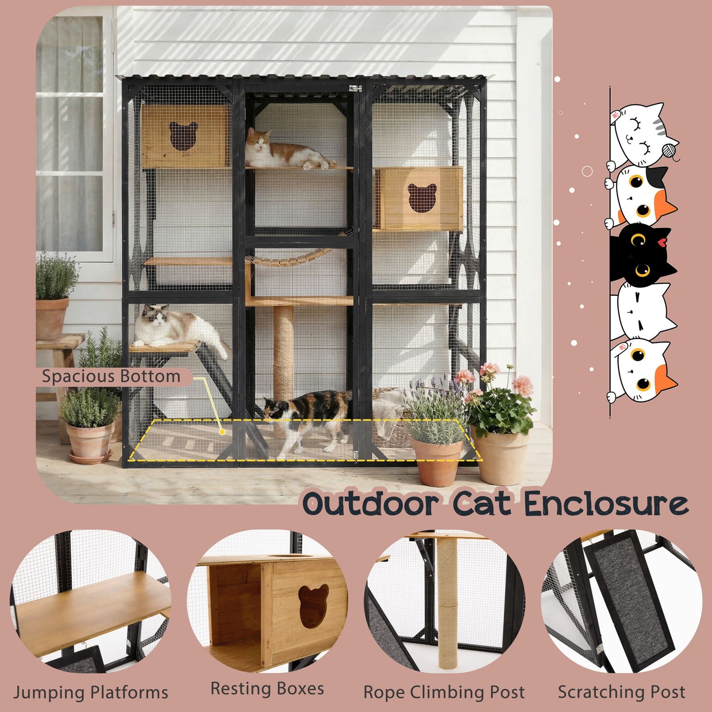 Outdoor Cat Enclosure With Sleeping Houses, Jumping Platforms, Scratching Post