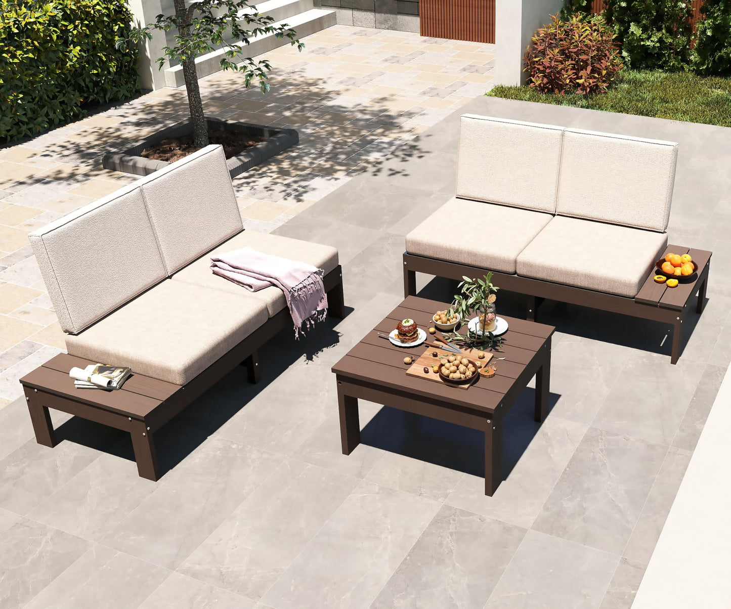 HDPE Outdoor Patio Sofa Set, 3-Piece Modern Conversation Set