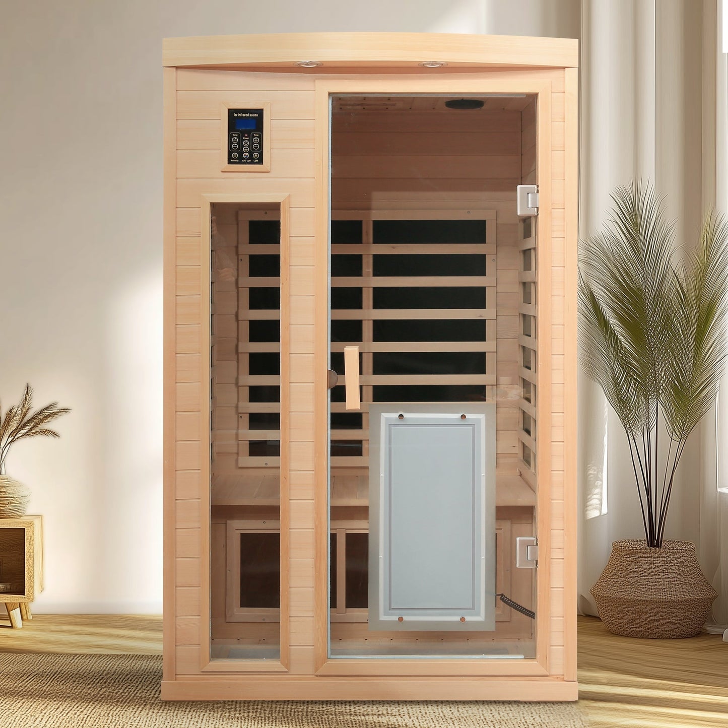 Low EMF, There is also a heating plate on the glass door, Hemlock wood Far-infrared indoor Two person sauna room
