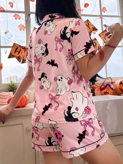 Halloween Ghost Print Button-Down Top and Shorts Lounge Set