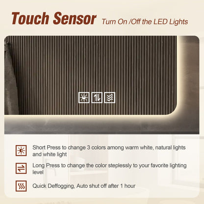 Wall Mounted LED Lighting Mirror With 3 Color Lighting, Dimming, Waterproof, Anti Fog, Touch Switch - Silver