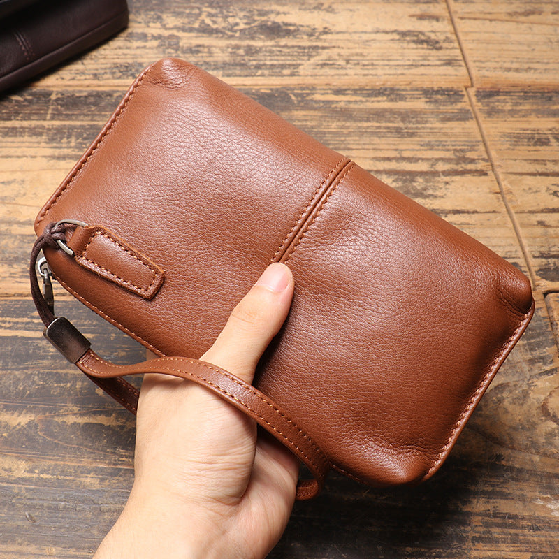 New Mens Genuine Leather Clutch, Soft Leather Long Wallet With Zipper