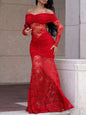 Off-Shoulder Ruched Lace Mermaid Maxi Dress