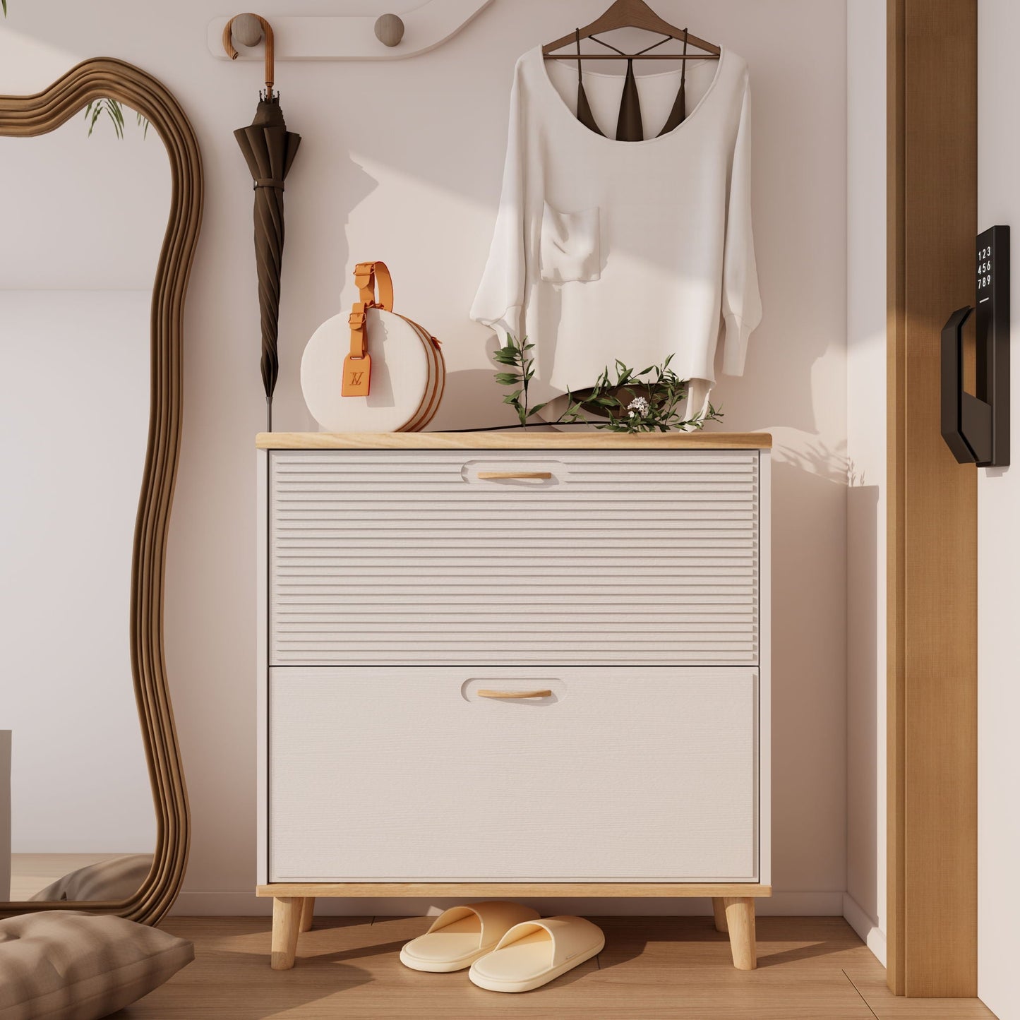 Narrow - Entryway Shoe Storage Cabinet With 2 Flip Drawers Legs - Natural / White