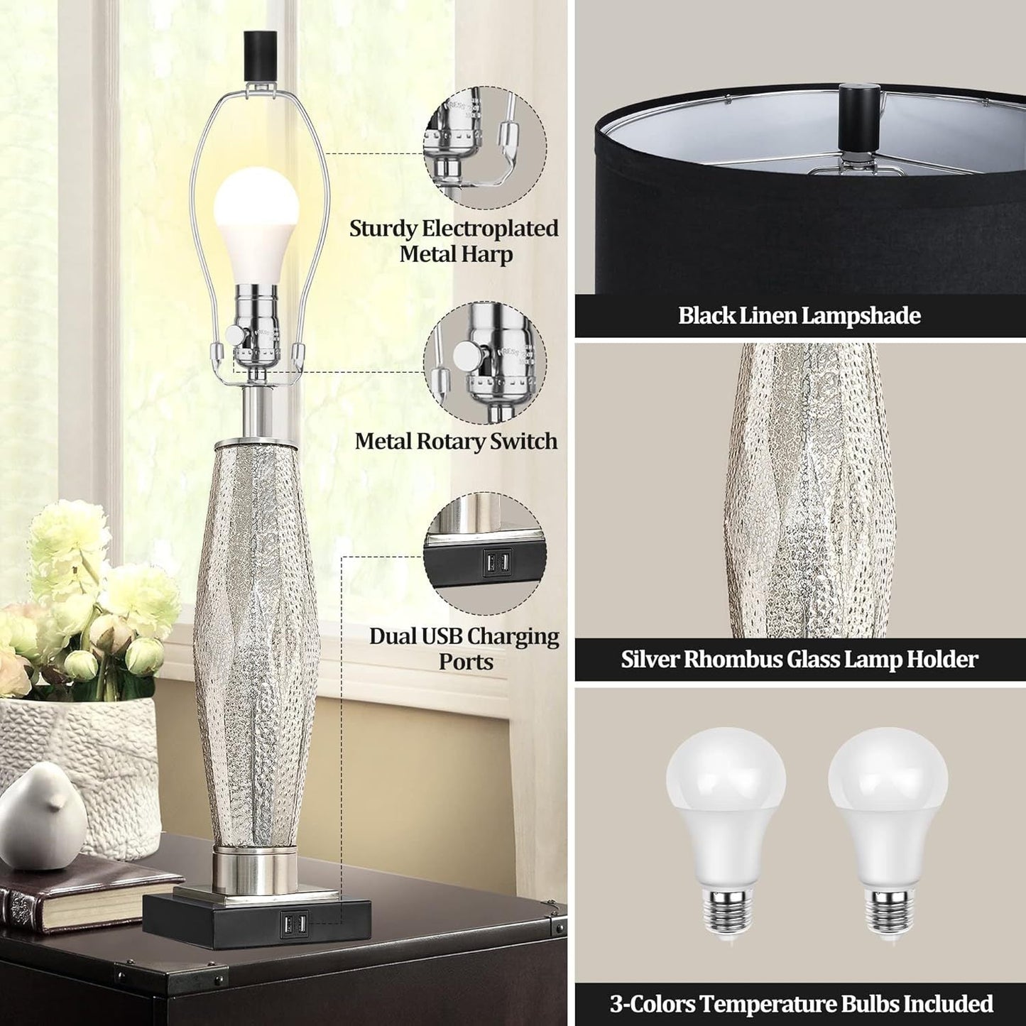 Table Lamps Set of 2 with USB Charging Ports